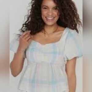 Pastel Plaid Peplum Square Neck Line Top Plus 4x